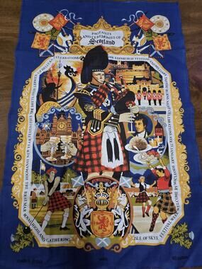 Vintage 100% Cotton Tea Towel Scotland Pageants and Ceremonies Kilts Tartans